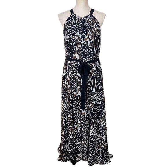 Lane Bryant Maxi Dress Plus Size 1X Black Brown Halter Tie Neck‎ Tropical Flowy - Picture 1 of 11